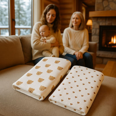 Lot 2 couverture bébé posée canapé bébé blotti bras maman à côté grand-mère salon chalet