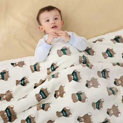 Couverture bebe motif nounours marron fond beige douce épaisse bébé lit chambre