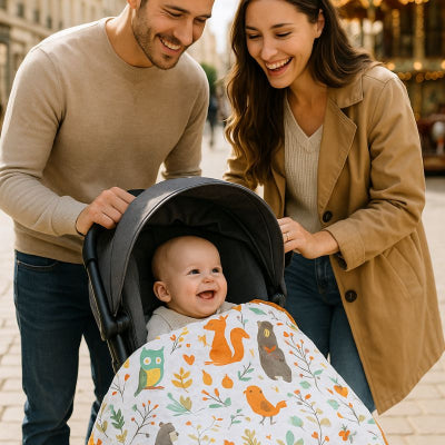 Bébé recouvert couverture bébé naissance animaux forêt douce nomade poussette ville famille