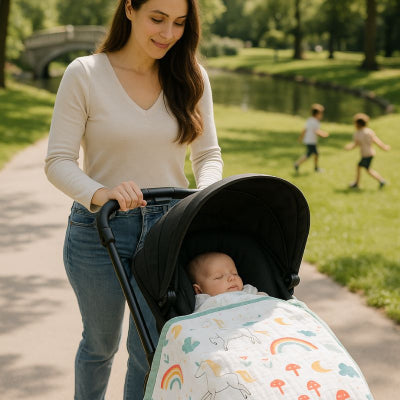 Maman promenade parc arboré nouveau-né recouvert couverture bébé naissance design poussette