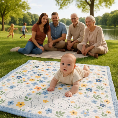 Bébé jouant sur couverture bébé naissance design lapin fleur confortable pique-nique parc famille
