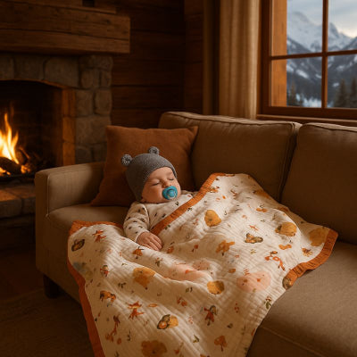 Bébé recouvert couverture bébé naissance design univers respirante réconfortante sieste canapé maison montagne