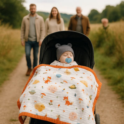 Bébé recouvert couverture bébé naissance design univers réconfortante chaleureuse nomade poussette promenade campagne famille