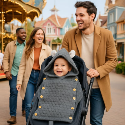 Bébé poussette couverture bebe nomade capuche grise légère parc attraction famille