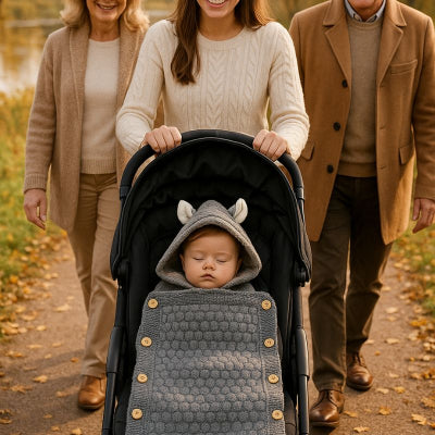 Bébé sieste poussette couverture bebe nomade capuche grise respirante famille promenade campagne