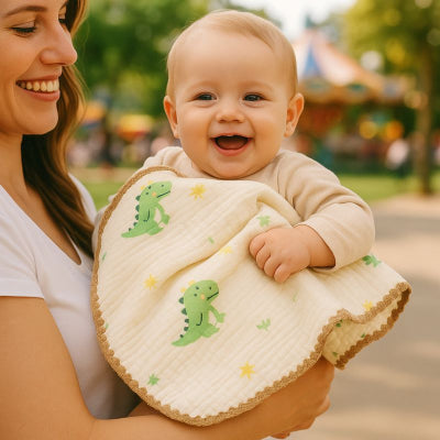 Bebe bras maman couverture bebe nomade design dinosaure vert unisexe promenade parc
