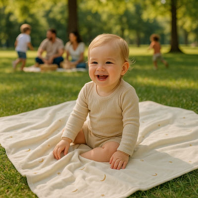 Bebe jouant sur couverture bebe nomade motif univers polaire apaisante taille 125 x 90 cm pique-nique famille
