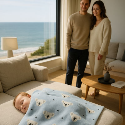 bebe sieste recouvert couverture bebe nomade design koala bleu respirante legere vacances appartement famille