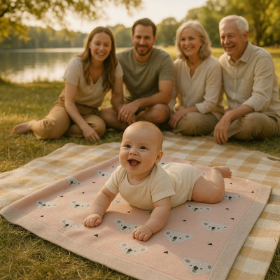 bebe jouant sur couverture bebe nomade design koala rose respirante pliable douce pique-nique campagne famille