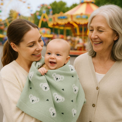 bebe bras maman recouvert couverture bebe nomade design koala vert enveloppante protectrice promenade ville famille