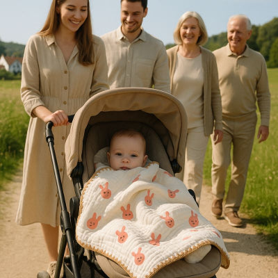 Bebe poussette couverture bebe nomade design lapin rose douce chaleureuse promenade campagne famille 