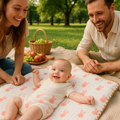Bebe pique-nique joue couverture bebe nomade design lapin rose lavable famille