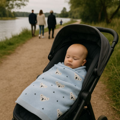 bebe sieste recouvert couverture bebe nomade design koala bleu lavable sechable rapidement promenade campagne famille