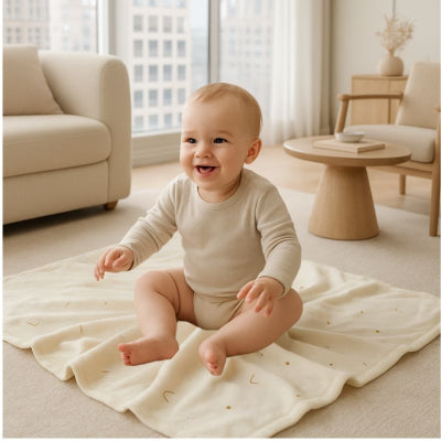 Bebe assis sur couverture bebe nomade motif etoiles lune respirante unisexe salon appartement ville