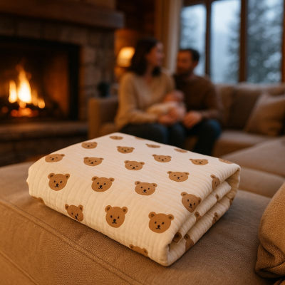 Couverture bébé chaude pliée canapé nouveau-né blotti bras parents chalet montagne