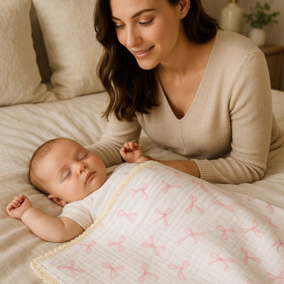 Jeune maman chambre regardant bébé sieste recouvert couverture bebe rose design dentelle attendrissante