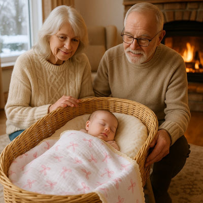 Grands-parents regardant petite fille sieste recouverte couverture bébé rose motif noeuds papillon