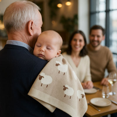 Bébé bras grand-père recouvert couverture bébé design mouton emmaillotage confortable nomade restaurant famille