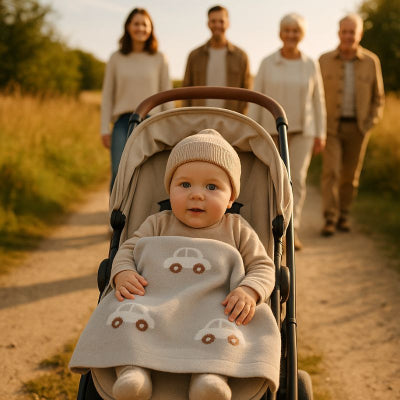 Bébé poussette campagne recouvert couverture bébé style voiture gris clair douce nomade saisons douces