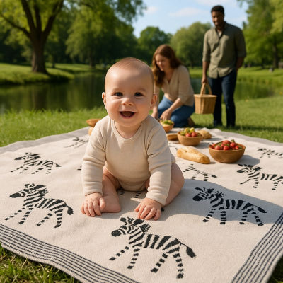 Bébé jouant sur couverture bébé style zèbre beige relaxante apaisante nomade douce