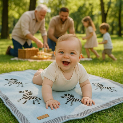 Bébé jouant sur couverture bébé style zèbre bleu douce nomade saisons douces coton