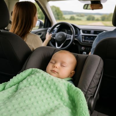 Bébé sieste recouvert couverture bébé verte douce dans siège auto maman conduite campagne