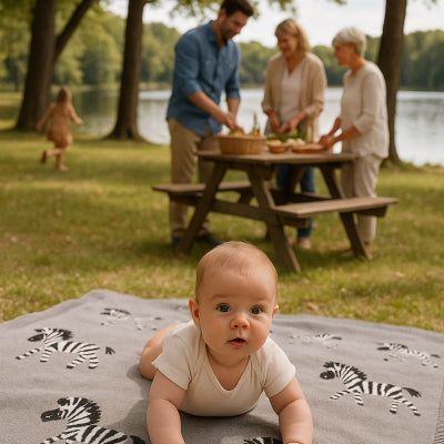 Bébé jouant sur couverture bébé zèbre gris saisons douces transportable nomade lavable pique-nique famille