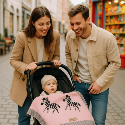 Bébé poussette recouvert couverture bébé zèbre rose tricotée chaleureuse nomade promenade magasin ville parents