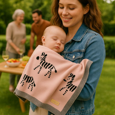 Bébé recouvert couverture bébé zèbre rose pur coton tricoté dans les bras de maman jardin amis