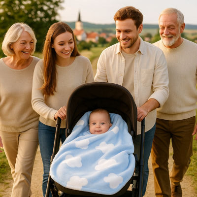 Bébé poussette sous couverture nomade bébé bleu design nuage lavable promenade campagne famille