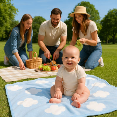 Bébé jouant sur couverture nomade bébé bleu design nuage pliable douce pique-nique parc famille