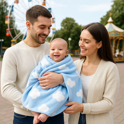 Bébé bras papa recouvert couverture nomade bébé bleu design nuage transportable promenade parc attraction famille