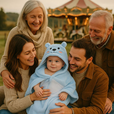 Bébé bras papa couverture nomade bebe bleu ourson attache velcro famille campagne