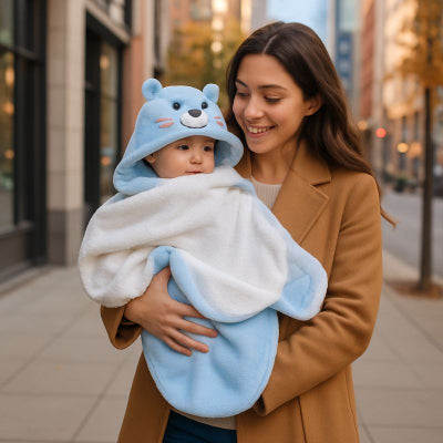 Bébé bras maman couverture nomade bebe bleu ourson léger promenade ville