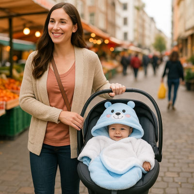 Bébé cosy couverture nomade bebe bleu ourson sechage rapide maman marché ville