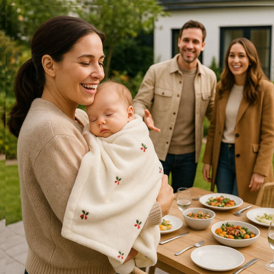 Bébé sieste bras maman couverture nomade bébé design cerise blanc chaleureuse repas jardin amis