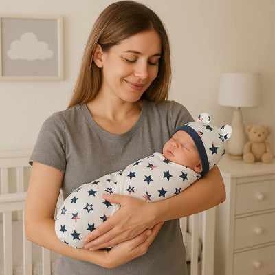 Bébé emmailloté couverture nomade bébé design étoile respirante bonnet bras maman