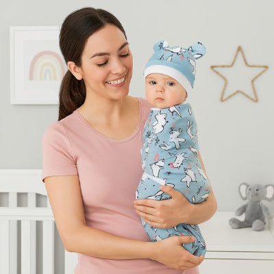 Bébé emmailloté couverture nomade bébé design lapin coton légère bras maman
