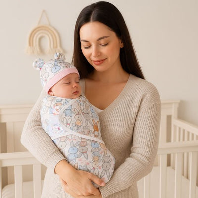 Bébé emmailloté couverture nomade bébé design lapin emmaillotage bras maman