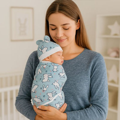 Bébé emmailloté couverture nomade bébé design lapin unisexe bras maman