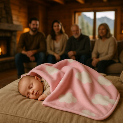 Bébé sieste sous couverture nomade bébé rose design nuage chaleureuse douce salon chalet montagne famille
