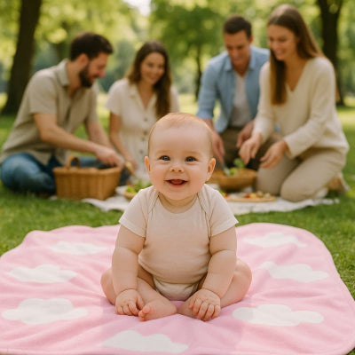 Bébé jouant sur couverture nomade bébé rose design nuage pliable pique-nique parc famille