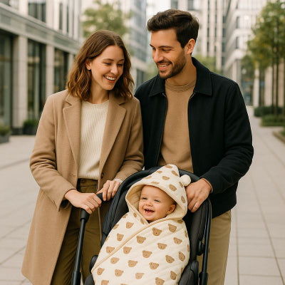 Bébé poussette couverture nomade beige motif tête d'ours emmaillotage chaleureux parents pramenade ville