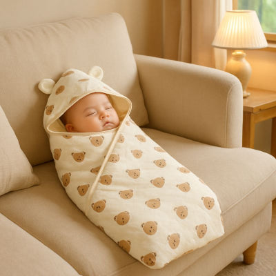 Bébé sieste couverture nomade beige motif tête d'ours lavage séchage facile canapé salon