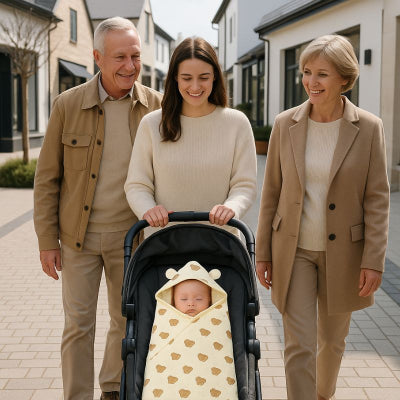 Bébé poussette couverture nomade beige motif tête d'ours polyester doux famille promenade village