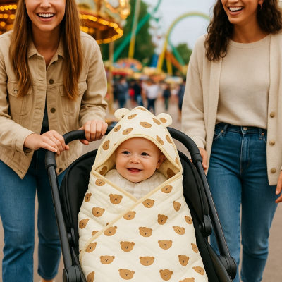 Bébé poussette couverture nomade beige motif tête d'ours taille adaptée maman parc attraction 
