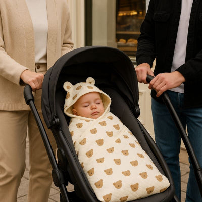 Bébé poussette couverture nomade beige motif tête d'ours unisexe spécial nouveau-né