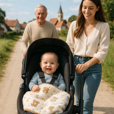 Bébé poussette sous couverture nomade design koala chaleureuse promenade campagne famille
