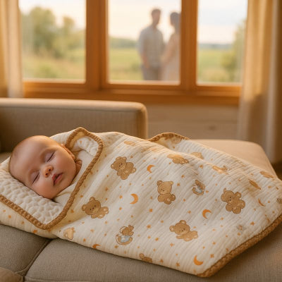Bébé sieste sous couverture nomade design koala confortable rassurante salon campagne parent