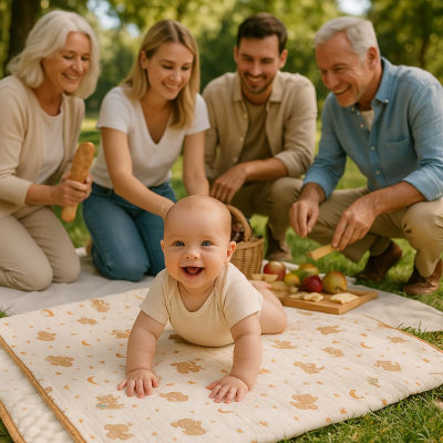 Bébé jouant sur couverture nomade design koala lavable pique-nique parc famille